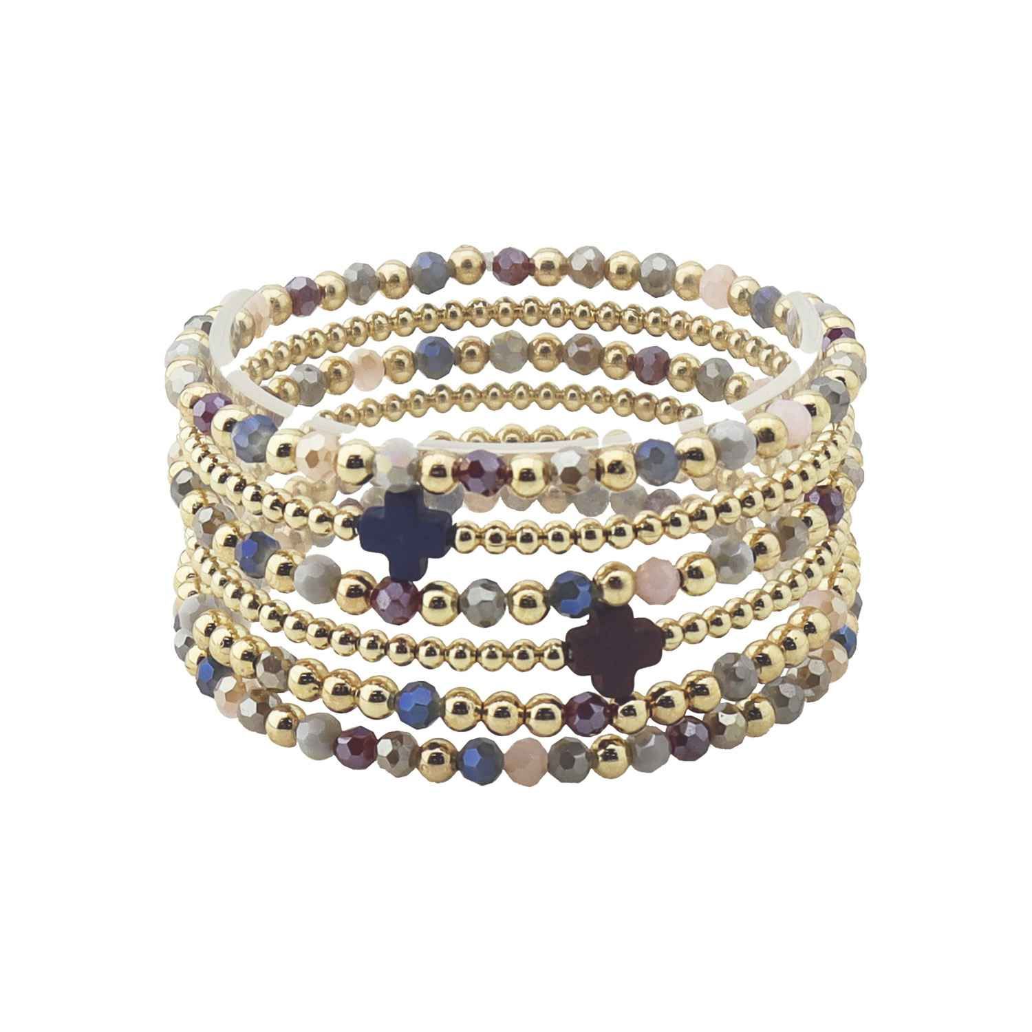 Multi Crystal and Gold Beaded Set of 5 with Crosses Stretch Bracelet