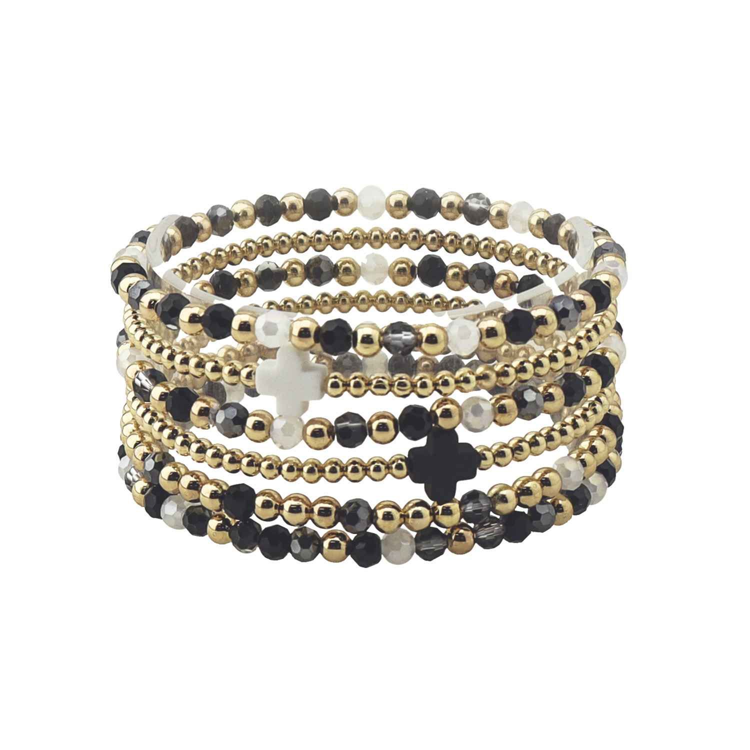 Black Crystal and Gold Beaded Set of 5 with Grey Crosses Stretch Bracelet