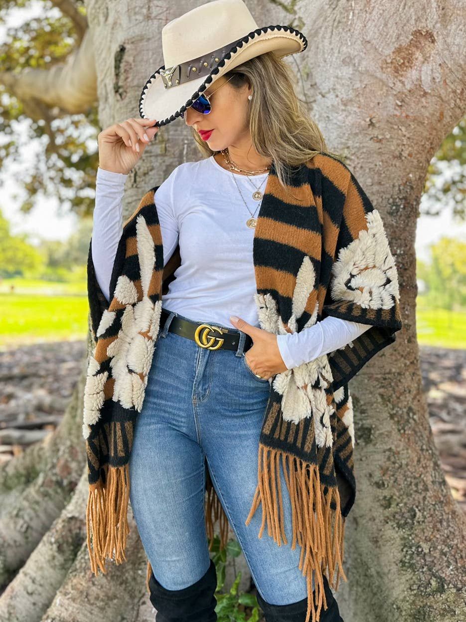 Brown Western Boho 3D Floral Fringe Ruana Cardigan, Color: Brown, Size: One Size