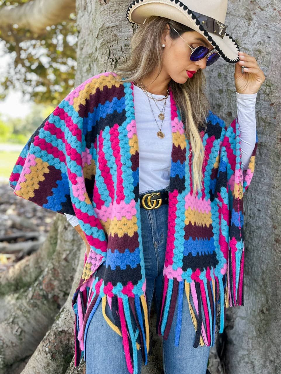 Geometric 3D Fringe Ruana Cardigan, Color: Multi-Colored, Size: One Size