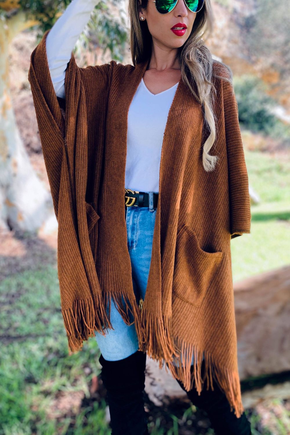 Soft Knit Pocket Ruana Cardigan, Color: Camel, Size: One Size