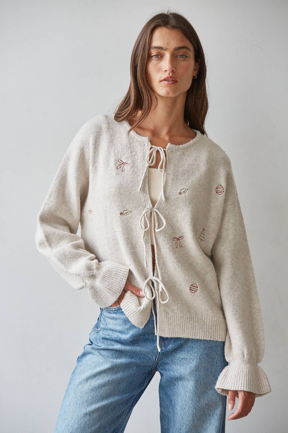 W2706 | Knit Cardigan With Front Tie Straps And Embroidery , Color: Natural Red, Size: L