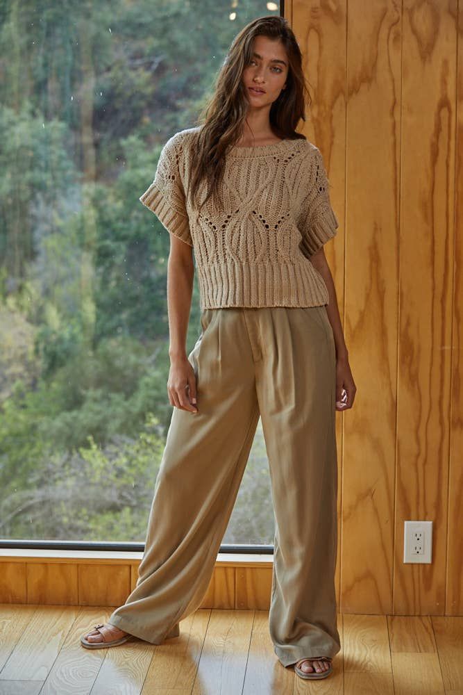 Knit Sweater Crochet Round Neck Short Sleeve Top, Color: Taupe, Size: Medium