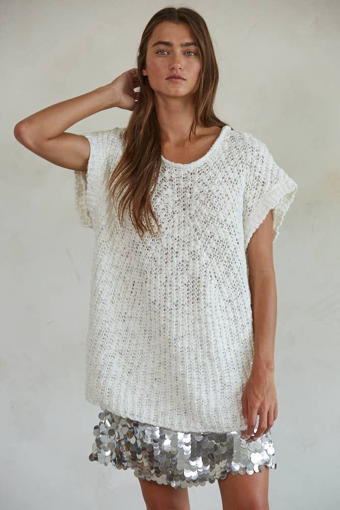 Knit Sweater Cotton Acrylic Short Sleeve Top, Color: Ivory, Size: L