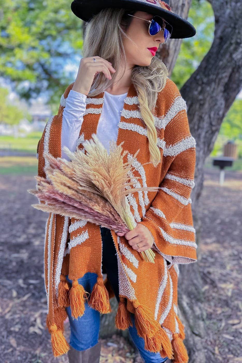 Chunky Tassel Knit Ruana Cardigan, Color: Caramel, Size: One Size