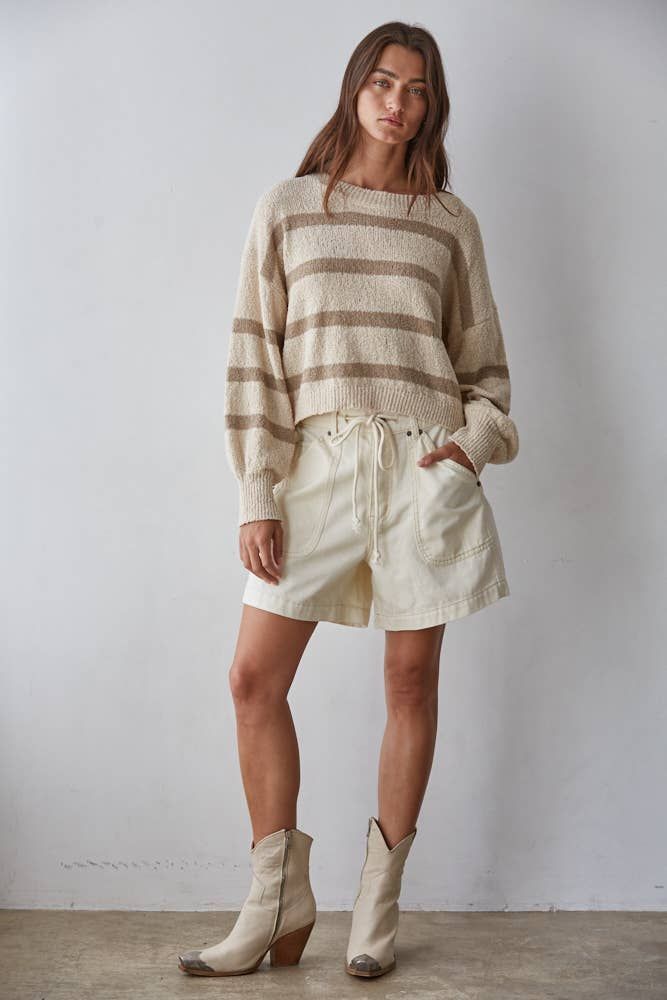 Knit Sweater Striped Crewneck Long Sleeve Top, Color: Natural Mocha, Size: M
