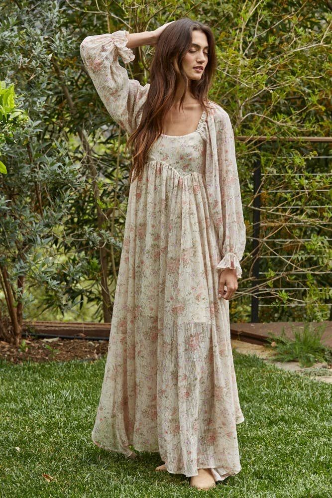 Woven Polyester Chiffon Floral Flare Maxi Dress, Color: Cream Multi, Size: M