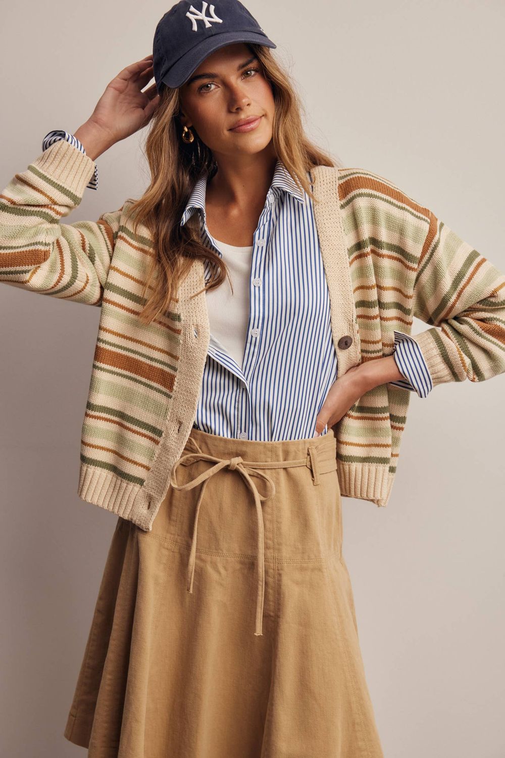 Striped V-Neck Knit Cardigan, Color: Sage Multi, Size: S