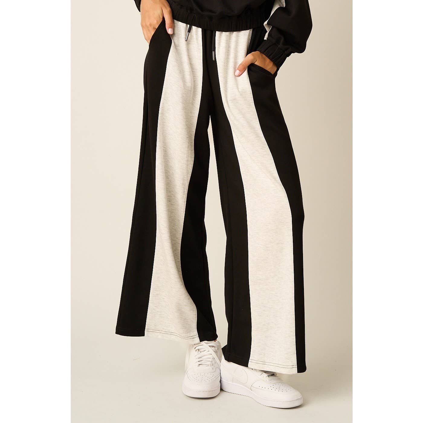 COLOR BLOCK ELASTIC WAIST WIDE LEG PANTS, Color: BLACK, Size: S