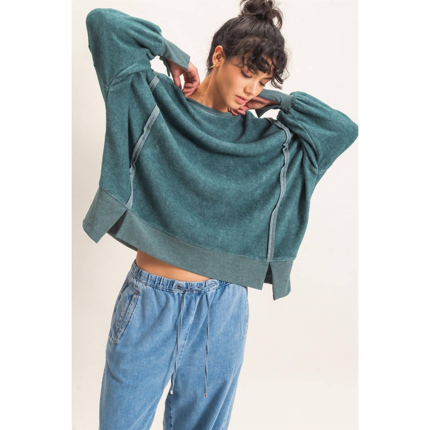 Oversized Raw Edge Crew Neck Sweatshirt, Color: DARK TEAL, Size: S