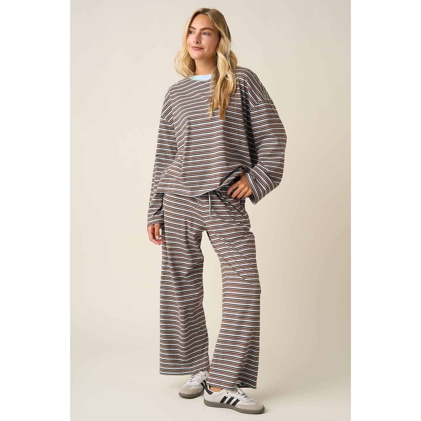 STRIPED LS WIDE LEG PANTS CASUAL SET, Color: BLUE BROWN, Size: S
