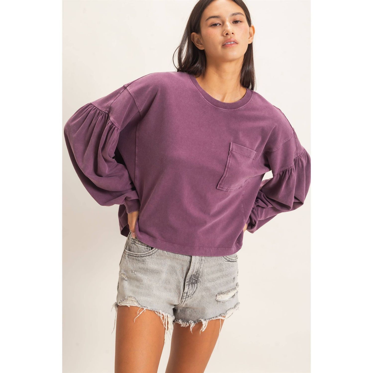 Mineral Wash Puff Long Sleeve Boxy Top, Color: DARK CHERRY, Size: S