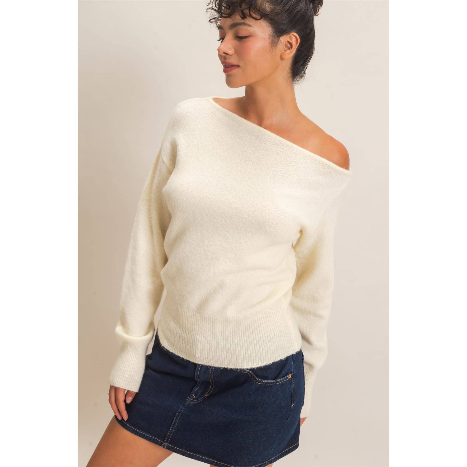 Off The Shoulder Sweater Top, Color: CREAM, Size: S