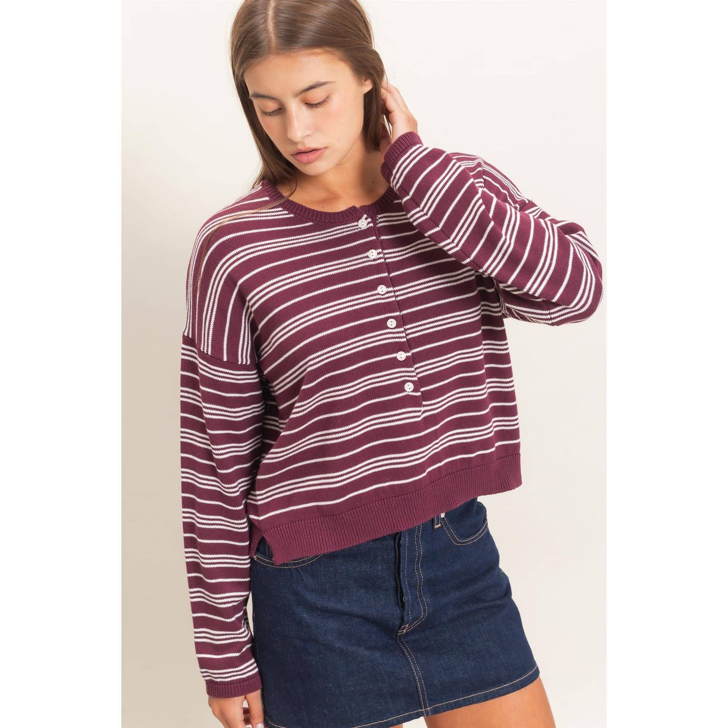 Striped Henley Sweater, Color: DARK CHERRY, Size: S