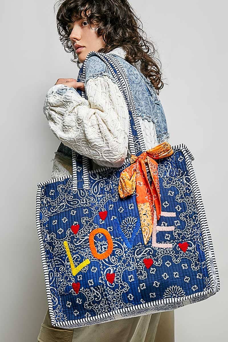 Quilted Paisley Indigo LOVE Tote Bag, Color: INDIGO PAISLEY, Size: OS