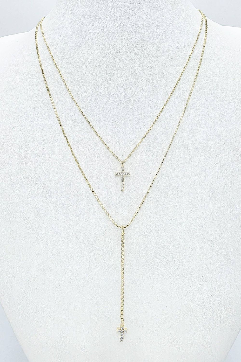 18K Gold Double Layered Rhinestone Cross Necklace
