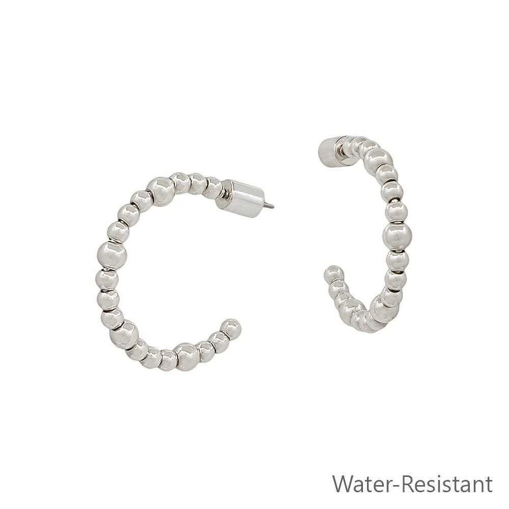 Water Resistant Silver Beaded 4MM 1" Hoop Earrings