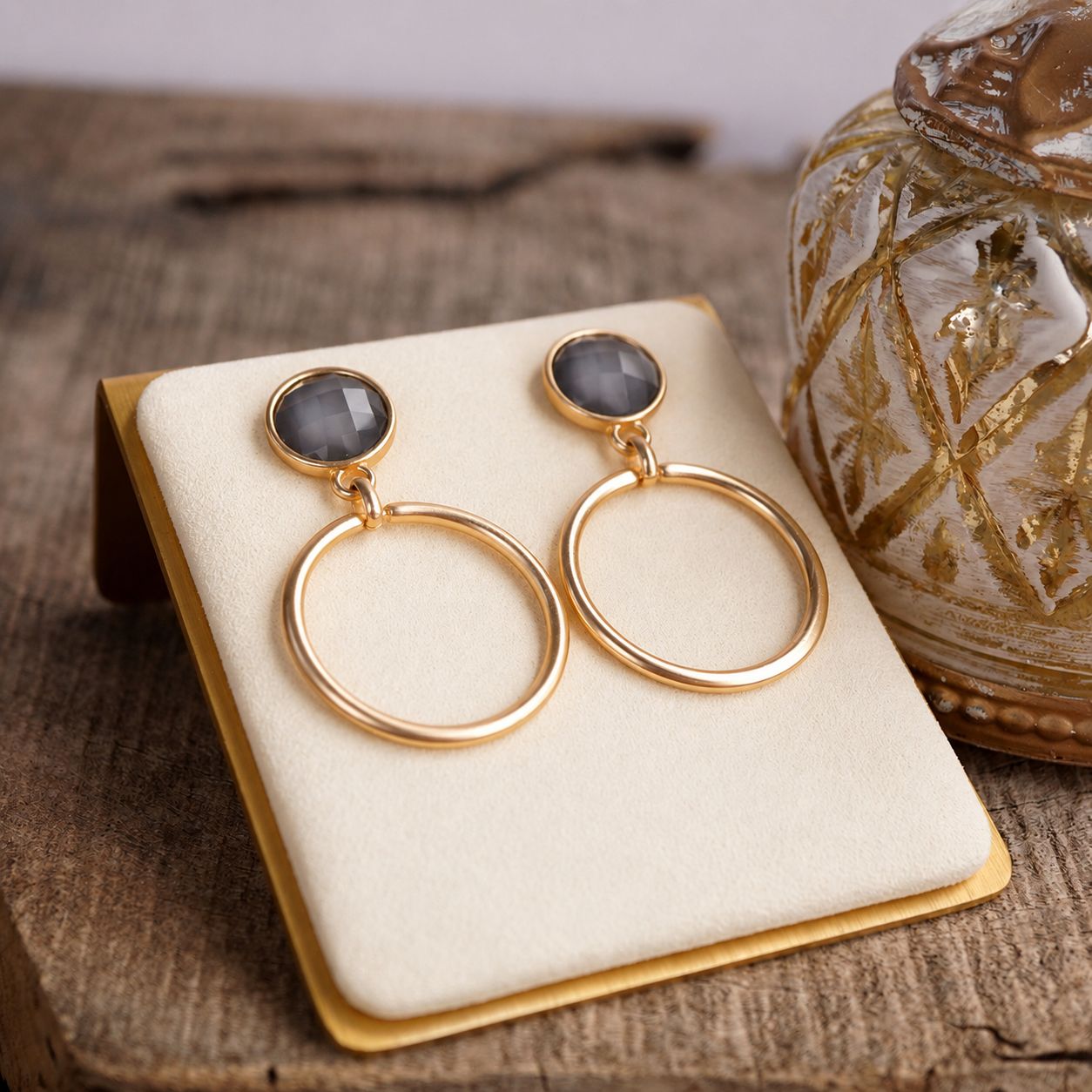 Gold Dipped Hoop Earrings with Faceted Stone – Color Pop Glow, Color: Smoky Gray