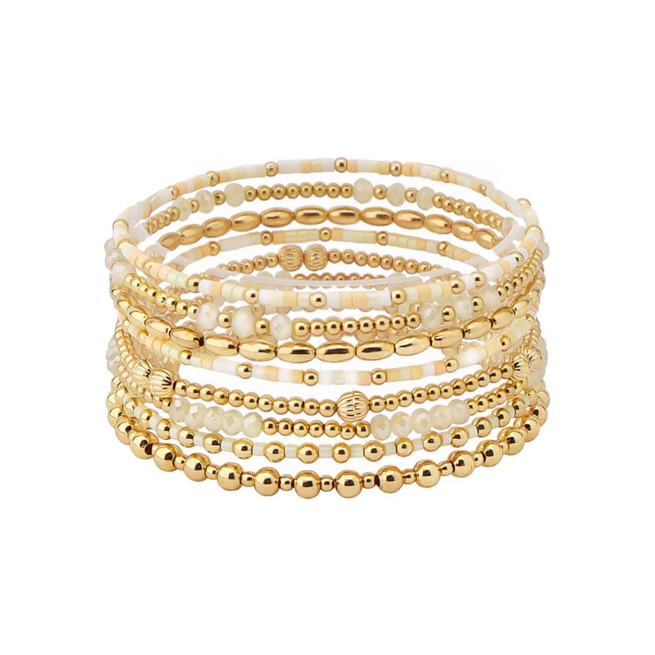 Natural Sead Bead and Gold Beaded Set of 9 Stretch Bracelet