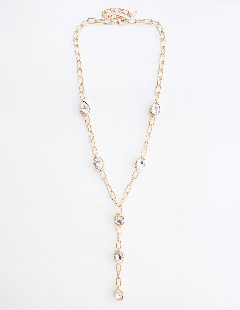 Gold Chain with Open Clear Crystal Oval Y Drop Necklace