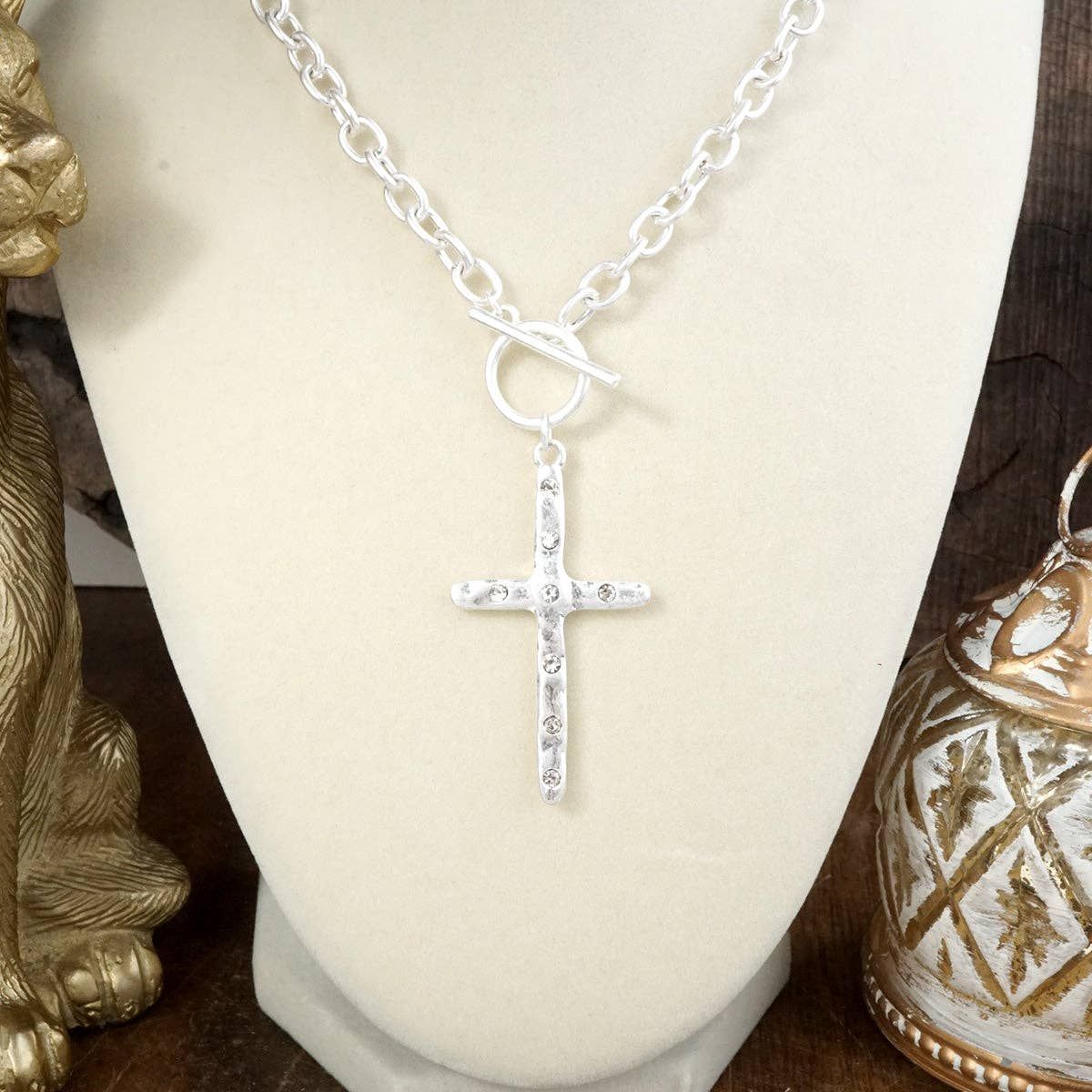 Divine Simplicity – Hammered Cross Front Toggle Necklace, Color: Worn Silver Tone