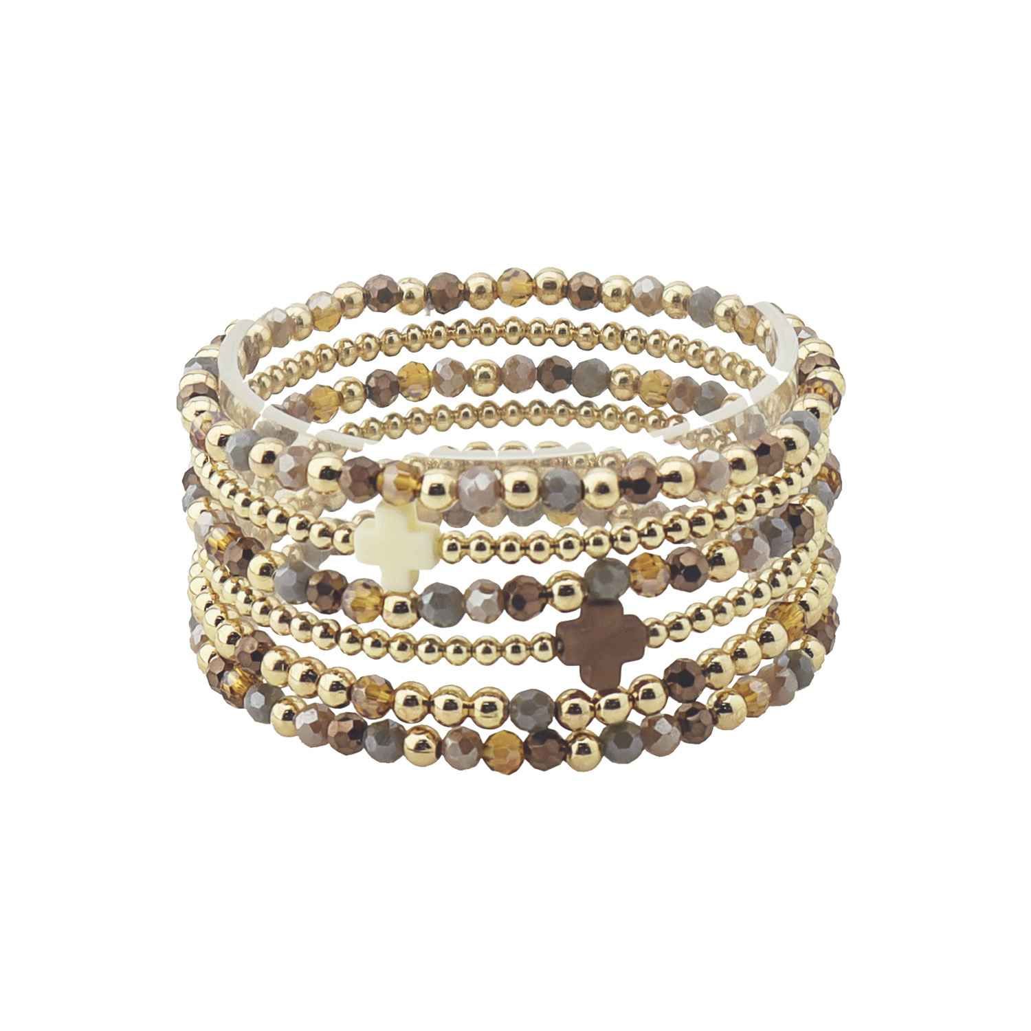 Brown Crystal with Gold and Cross Set of 6 Stretch Bracelets