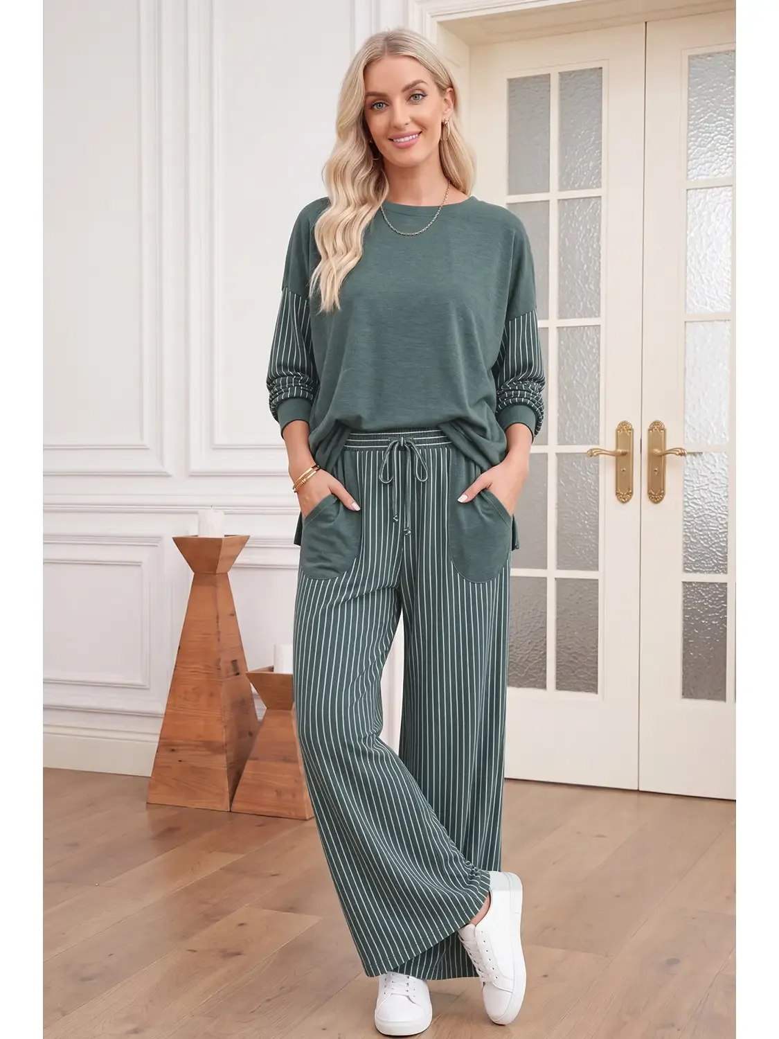 Plus Striped Contrast High Waist Pants Set