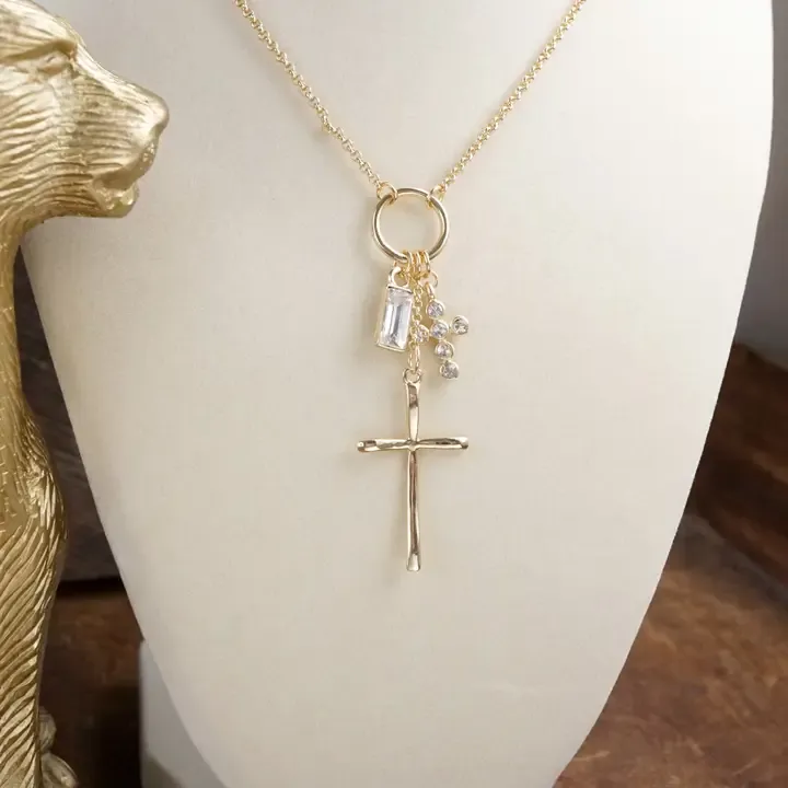 Dainty Cross Charm Cluster Necklace - Gold Tone