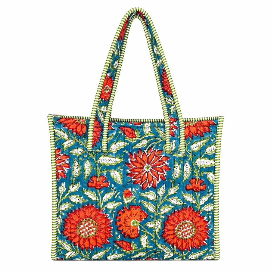 Teal Blossom Block-Printed Quilted Mini Tote