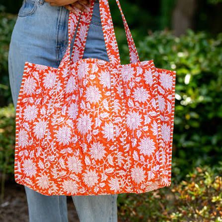 Orange Charm Block-Printed Quilted Mini Tote