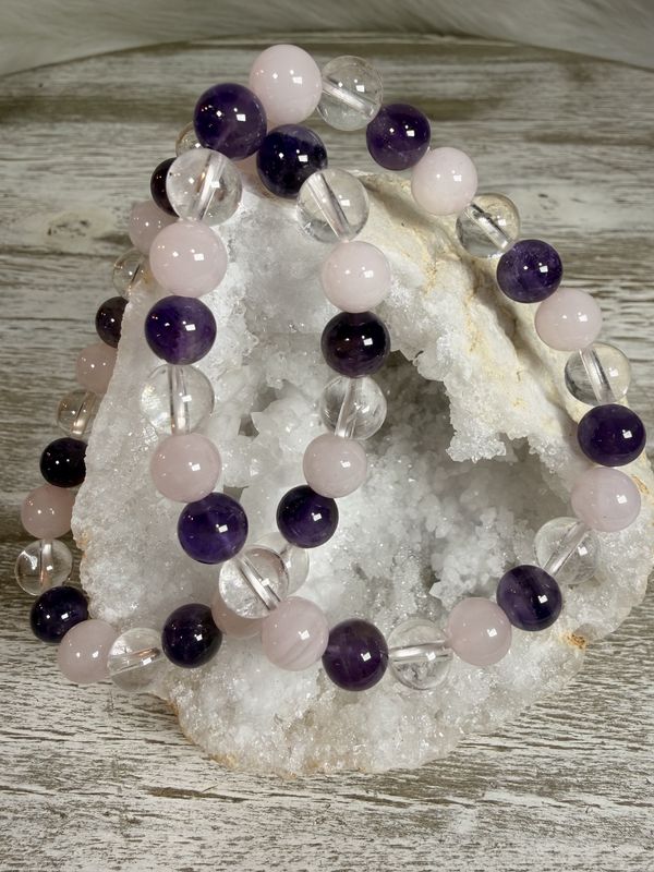The Trinity Shield: 8mm Clear Quartz, Rose Quartz &amp; Amethyst Bracelet