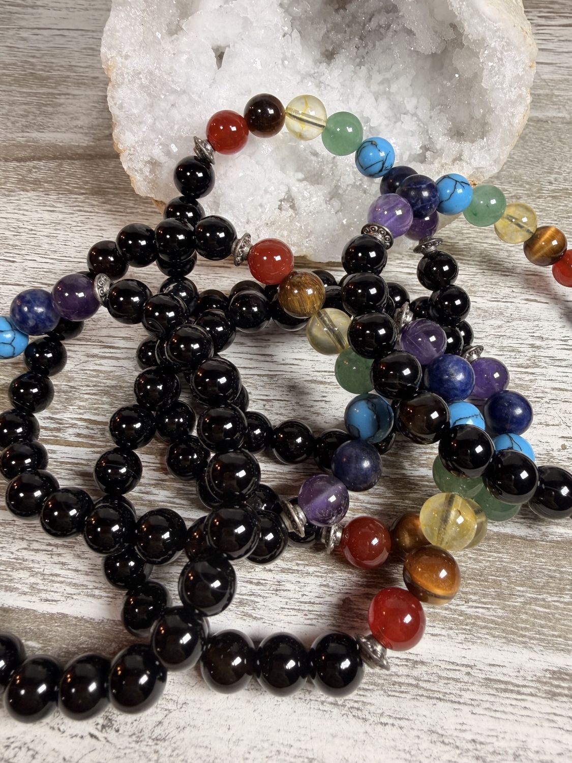 8mm Black Onyx &amp; 7 Chakra Balancing Bracelet