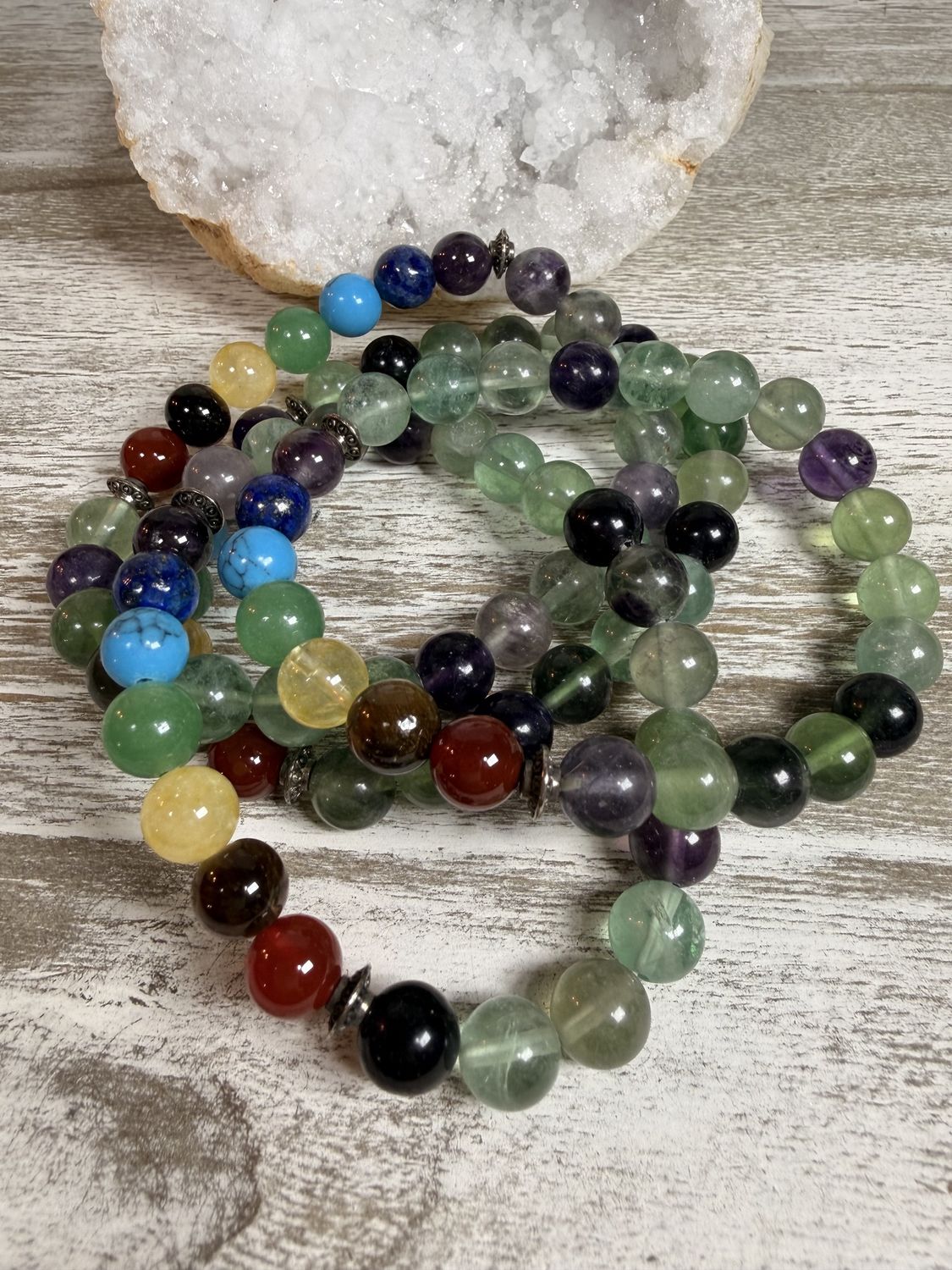 8mm Rainbow Fluorite &amp; 7 Chakra Balancing Bracelet