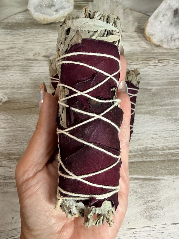 Sacred Devotion: 3–4" White Sage with Red Rose Petals Smudge Stick
