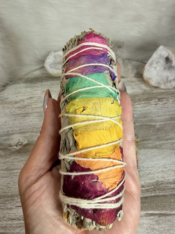 Alignment &amp; Light: 3–4" White Sage with 7 Chakra Flowers Smudge Stick