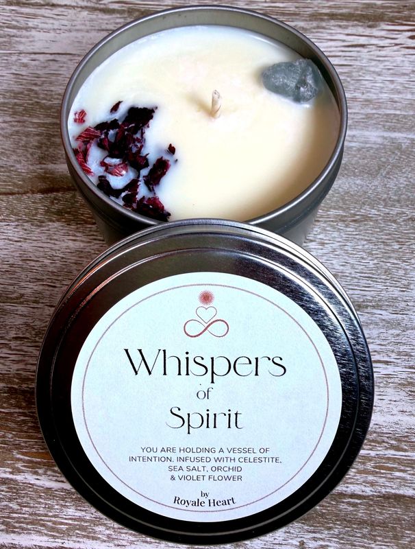 Whispers of Spirit Intuition Intention Candle - Celestite Crystal &amp; Violet Flower