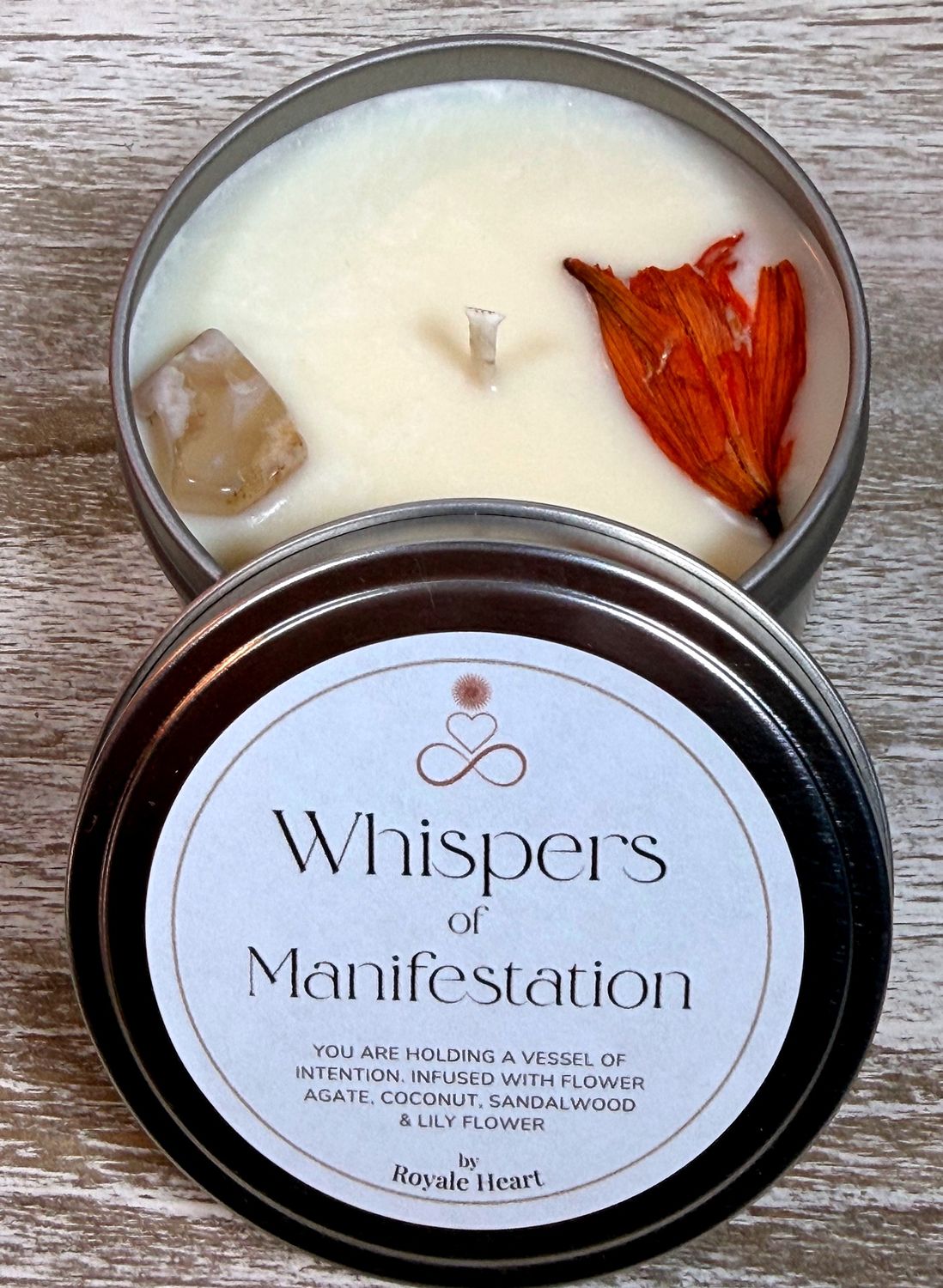 Whispers of Manifestation &amp; Fertility Intention Candle – Flower Agate &amp; Lily Flower