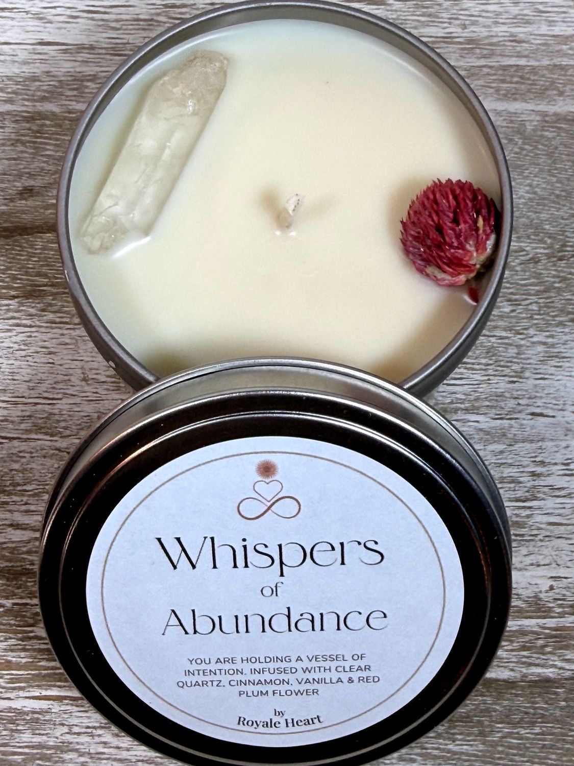 Whispers of Abundance Intention Candle– Clear Quartz &amp; Red Plum Flower