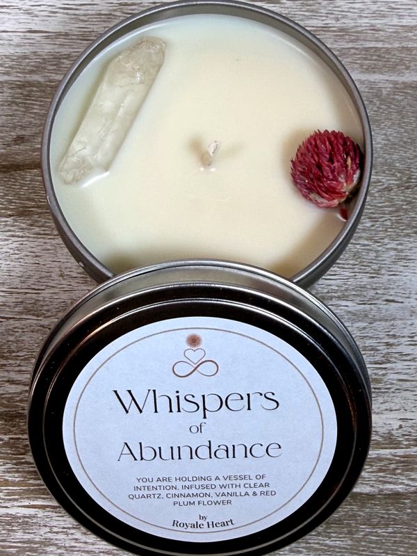 Whispers of Abundance Intention Candle– Clear Quartz &amp; Red Plum Flower