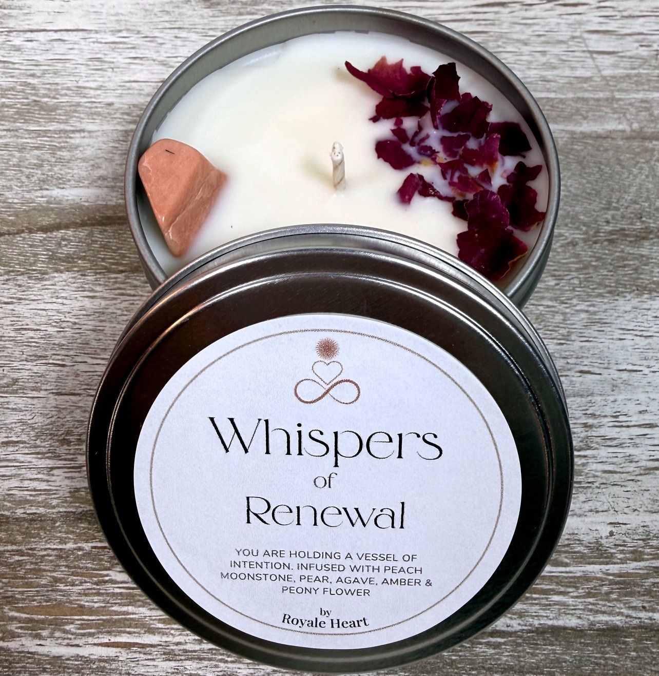 Whispers of Renewal (New Moon) Intention Candle– Peach Moonstone &amp; Peony Flower