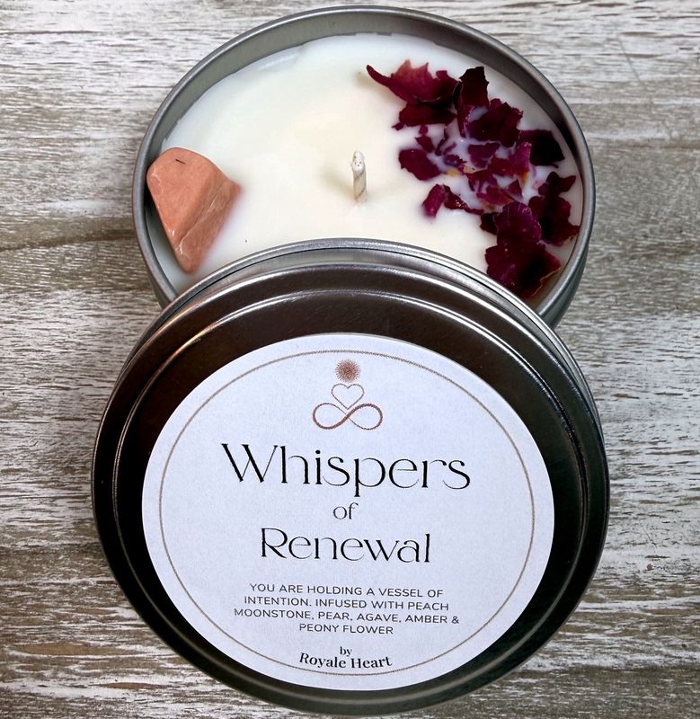 Whispers of Renewal (New Moon) Intention Candle– Peach Moonstone &amp; Peony Flower