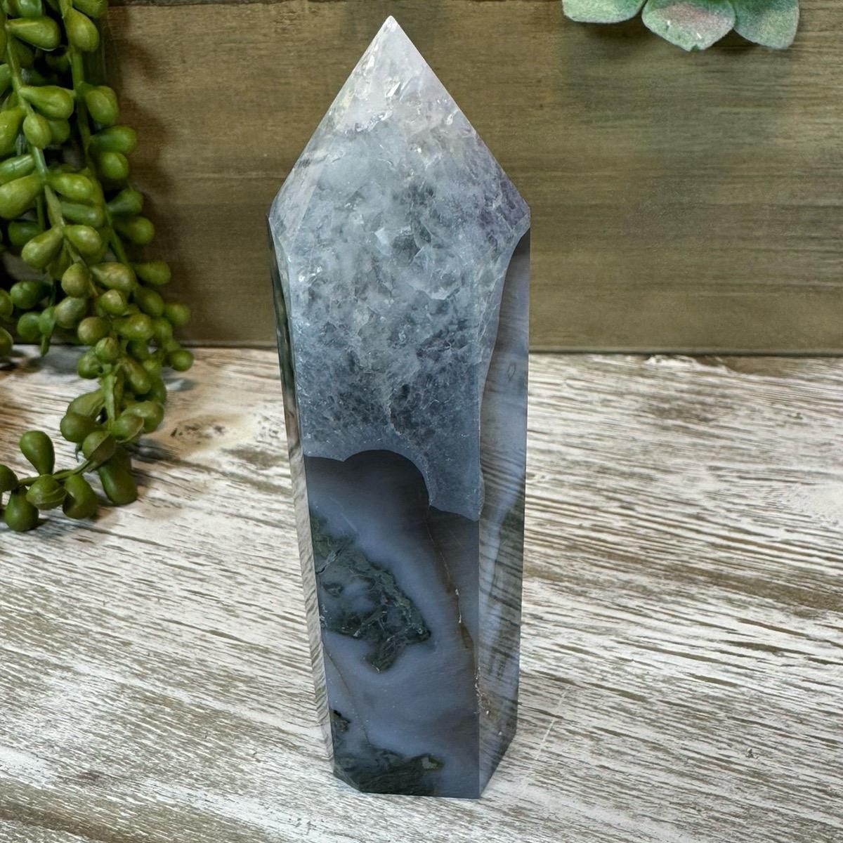Rare Blue Moss Agate Tower – New Beginnings, Prosperity &amp; Deep Heart Healing