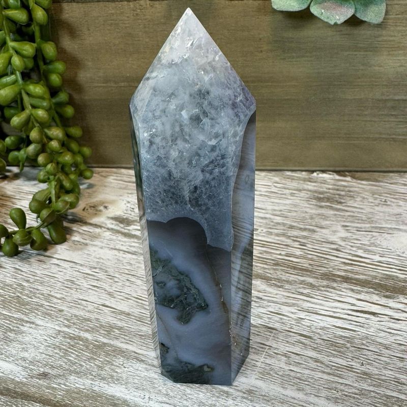 Rare Blue Moss Agate Tower – New Beginnings, Prosperity &amp; Deep Heart Healing
