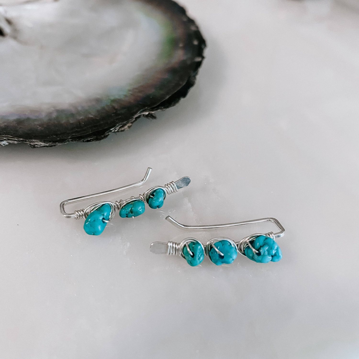 Kingman Turquoise Ear Climbers - Sterling Sliver