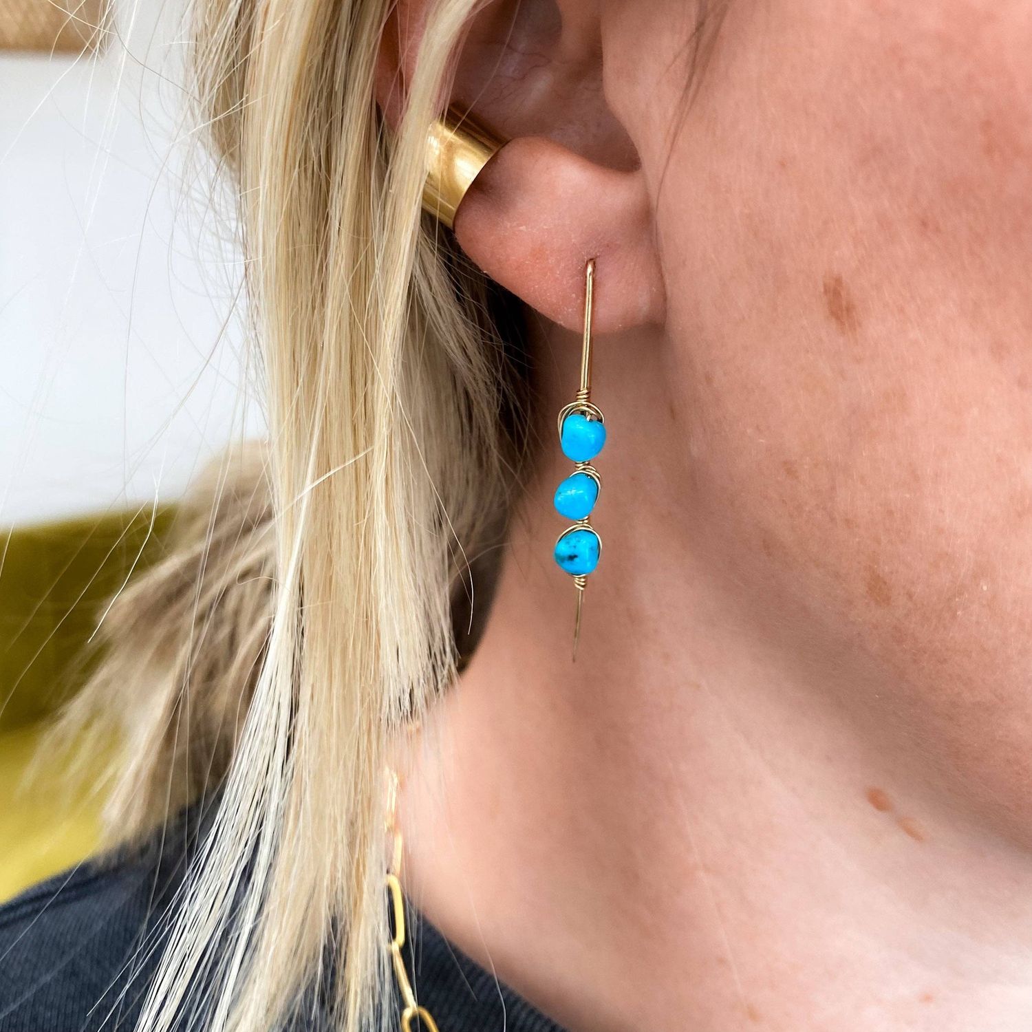 Pacific Threader Earrings with Kingman Turquoise: 14k Gold Fill