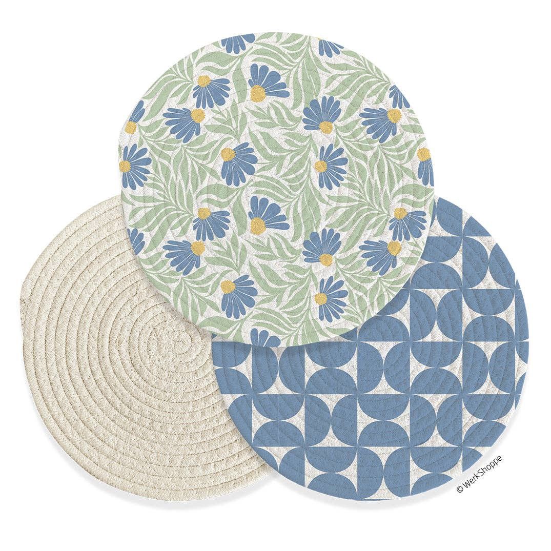 Blue Coneflower Cotton Kitchen Trivets, Heat Resistant Mats