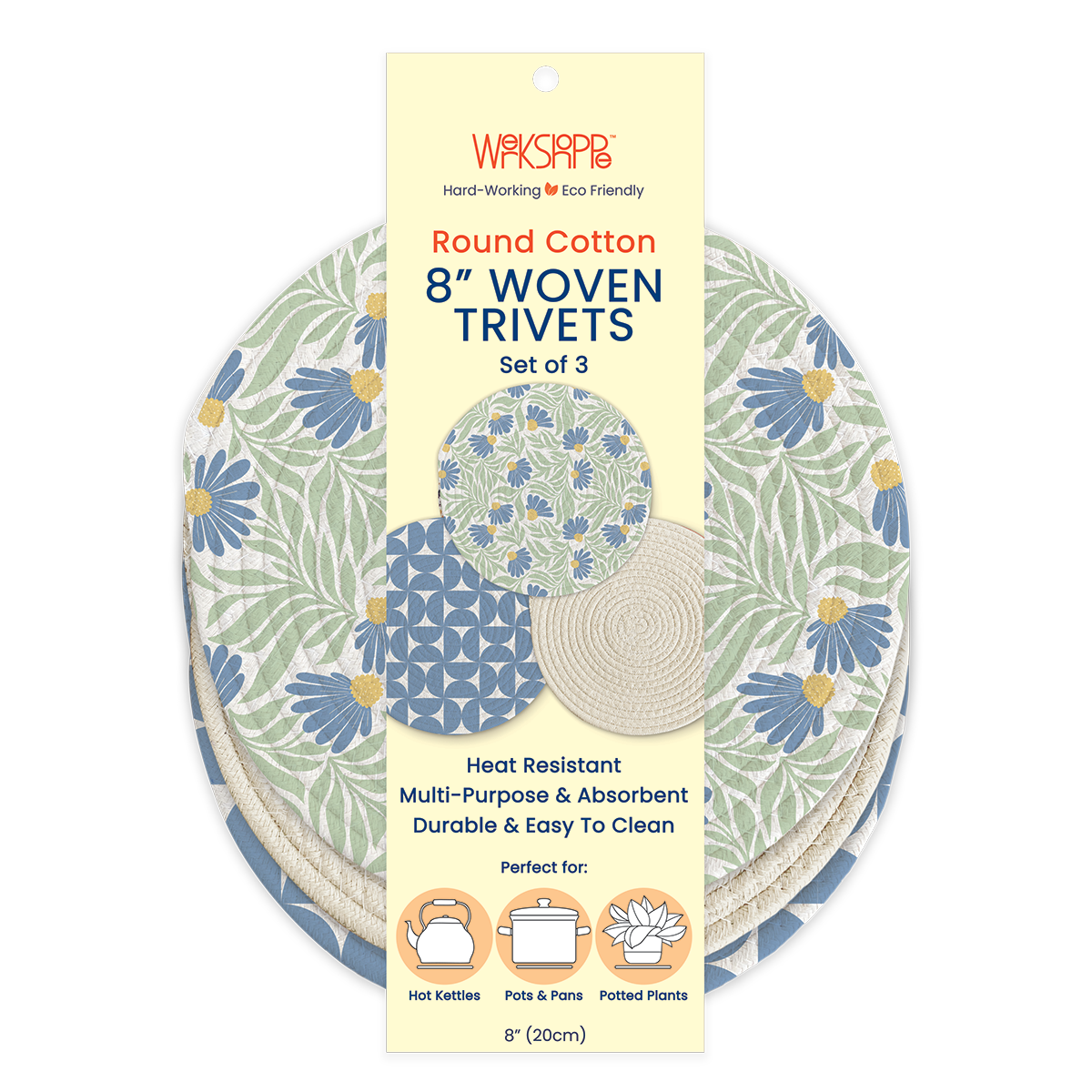Blue Coneflower Cotton Kitchen Trivets, Heat Resistant Mats