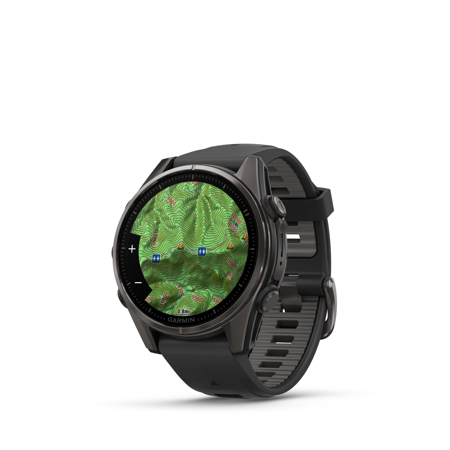fēnix® 8 – 43 mm, AMOLED, Color: Sapphire, Carbon Gray DLC Titanium with Black/Pebble Gray Silicone Band