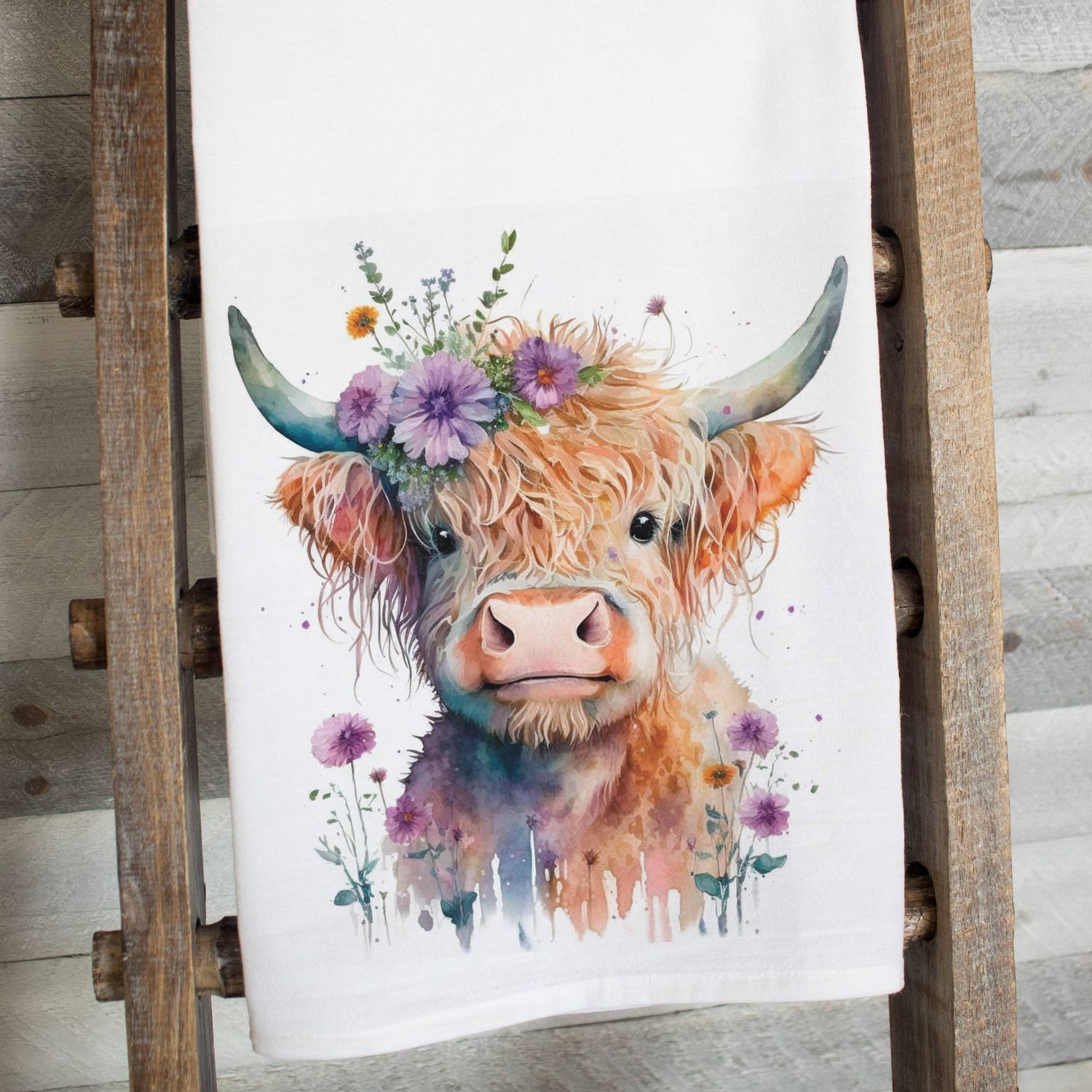 Floral Highland Cow Tea Towel