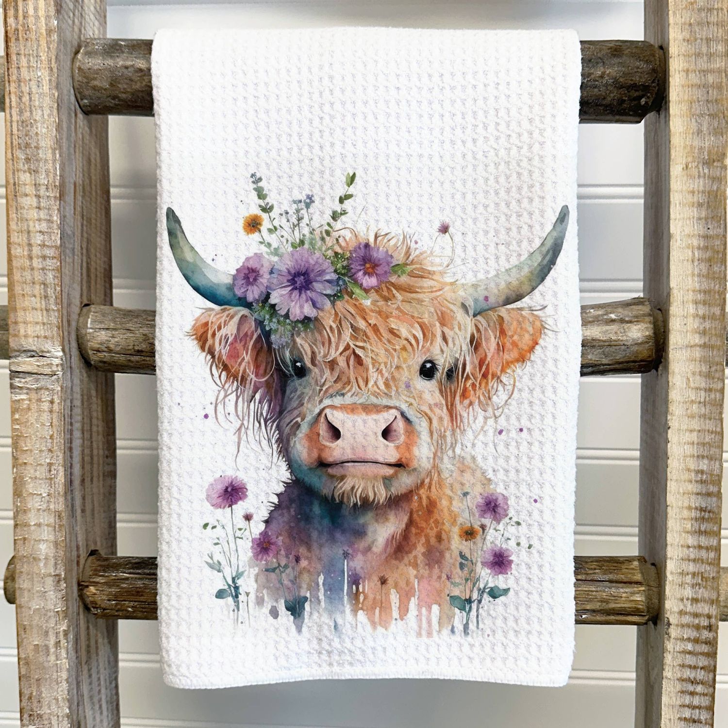 Floral Highland Cow Tea Towel